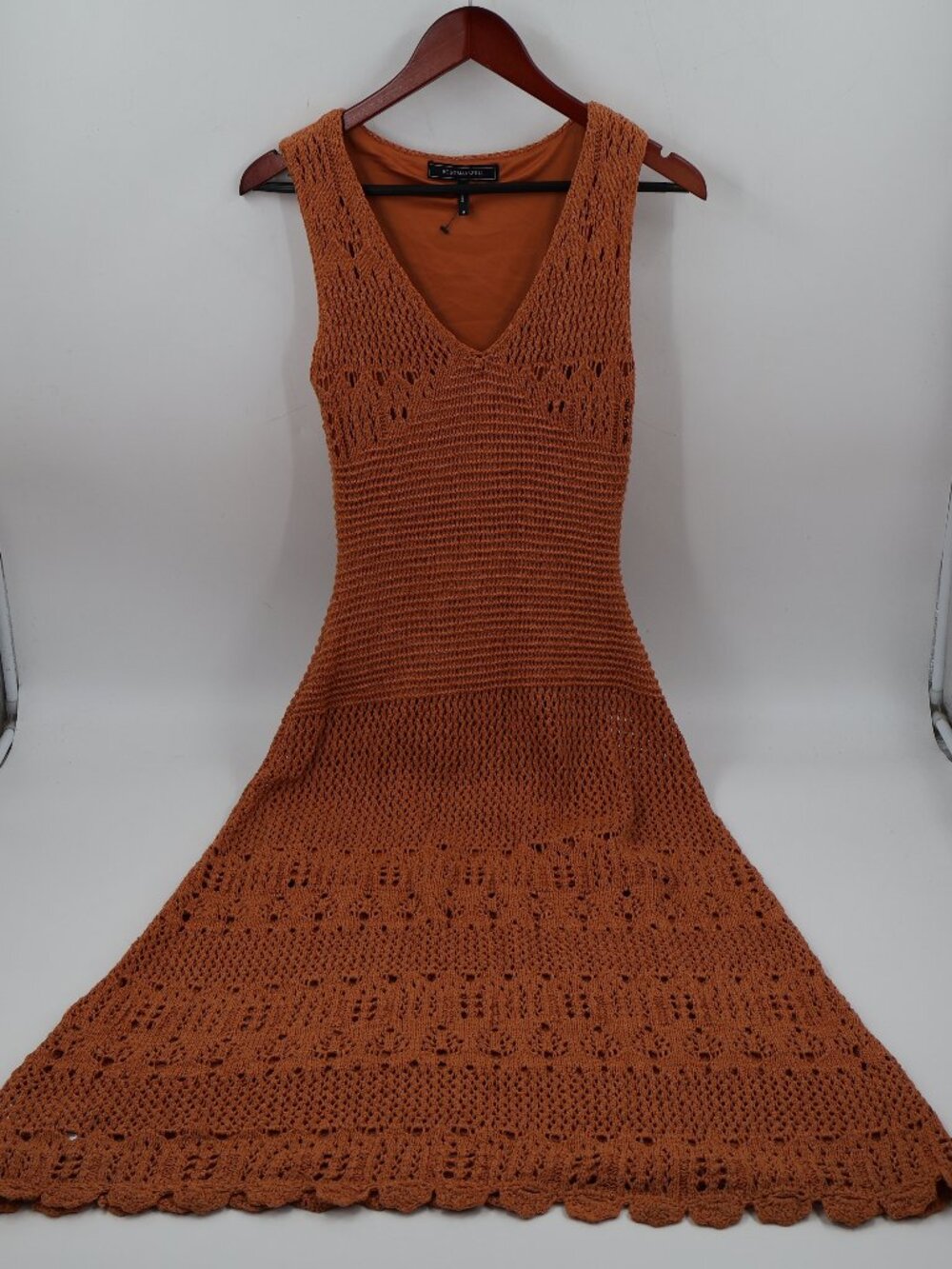 BCBGMAXAZRIA Pointelle Knit Dress Womens Medium Orange Boho Midi Scalloped Hem